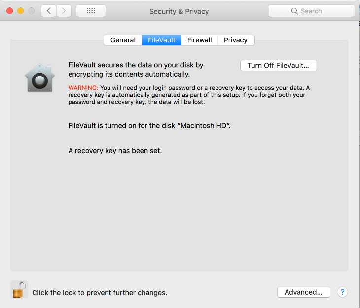 Obrazovka s nastavením FileVault